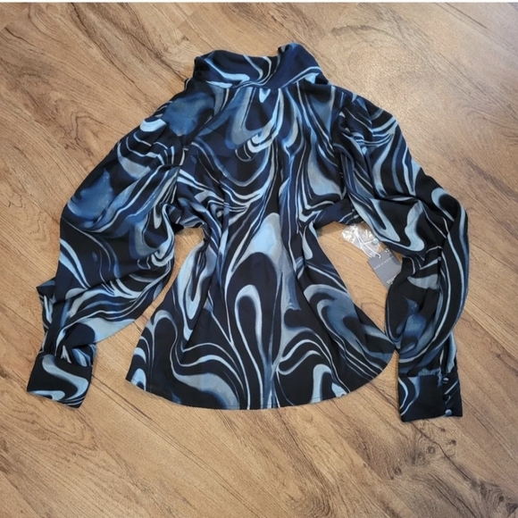 NWT Worthington Swirl Tie-Up Blouse Medium Blue Teal Black Bow Back - Picture 2 of 8